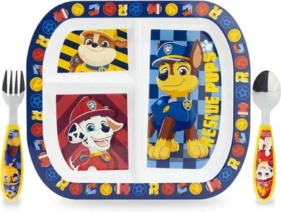 Produktbild von Wiederverwendbares Geschirrset, 3-teilig, mit Edelstahlbesteck und Kunststofftellern – Mikrowellengeeignet, ideal für Partys, Camping und den Haushalt