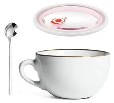 Image de Grande tasse en céramique de 700 ml avec couvercle et cuillère, couleur blanche