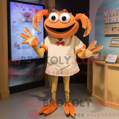 Image de Personnage mascotte REDBROKOLY d un crabe beige habillé d une robe droite et de broches