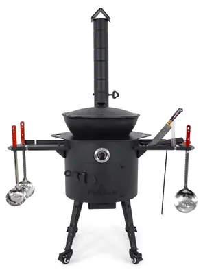 Produktbild von Utschak Feuerofen Ø 40 cm + Gusseisen-Kasan 12 L, runder Boden + Küchenzubehör, Usbekischer Kochtopf aus Gusseisen