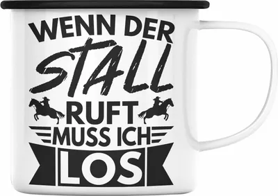 Produktbild von Trendation - Lustige Reiter Sprüche Geschenk Emaille Tasse Reiterin Pferde Mädchen Geschenkidee Pferde Wenn Der Stall Ruft Muss Ich Los (Schwarz)
