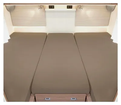 Produktbild von Spannbettlaken für Wohnmobile und Wohnwagen – 3-teiliges Set für 2 Längsbetten und Mittelteil – Jersey Bettlaken für Heckbetten, Taupe