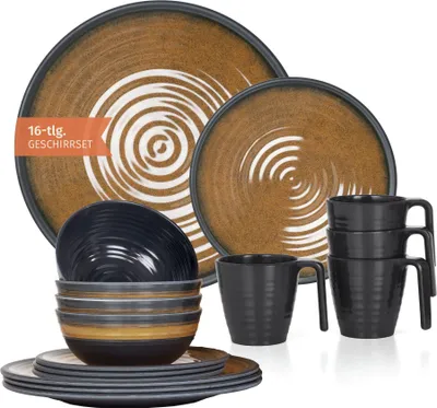 Produktbild von Melamin Camping Geschirr Set 4 Personen Stone Curry + 4 Tassen Stone Kaffetassen Becher Tafelgeschirr Picknick BBQ Kochgeschirr