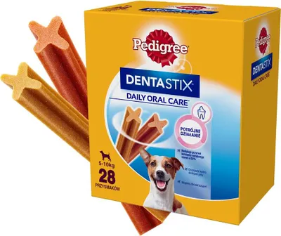 A box of Pedigree DentaStix dog treats is shown, with some treats in the foreground.