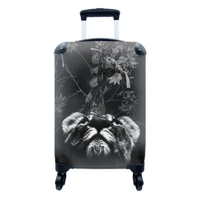 Produktbild von MuchoWow® Koffer Handgepäck Trolley Rollkoffer Kleine Reisekoffer mit 4 Rollen - Ein Tiger mit einem Schmetterling auf der Nase und Blumen - schwarz und weiß - Cabin Size < 55x40x23 cm & 55x40x20 cm - Fotokoffer - Kabinenkoffer - Boardgepäck - Reise-Box - Reisekoffer - Reisegepäck - Koffer mit Bild - Trolley für Kinder