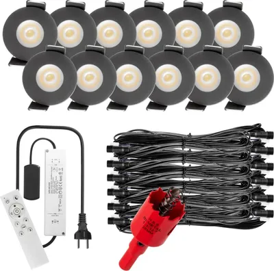 Produktbild von S-Polylight PREMIUM Mini LED- Einbauspots Kaltweiß 6.000K, Smart, Smarthome, App, Alexa, DIMMBAR, IP65, FUNK 3W LED Einbaustrahler Terrassenüberdachung, Terrassenbeleuchtung, Bad, Sauna, LED Spots mit Fernbedienung (ANTHRAZIT, 12x SMARTHOME LED-SET)