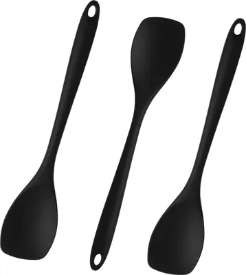 Produktbild von 3 Rühr Kochlöffel, Schwarz, je 27.5 cm hitzebeständig bis 210°C, ergonomischer Griff, ideal für Antihaftkochgeschirr, Spülmaschinengeeignet