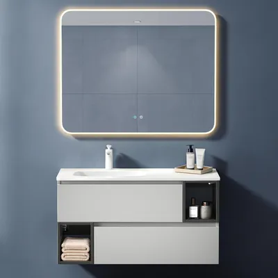 Image de doporro Meuble de Salle de Bain Gris Clair Ensemble de 3 Pièces Meuble avec Lavabo 100cm et LED Miroir Design Gemini avec 2 Tiroirs