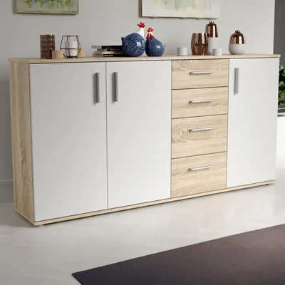 Produktbild von Forte IKOLI Kommode 160, moderne Kommode, 3-türig, 4 Schubladen, Wohn-/Schlafzimmer, Flur, Holzwerkstoff, Weiß mit Sonoma Eiche Holzdekor, 159,2 cm breit x 81,7 cm hoch x 31,4 cm tief