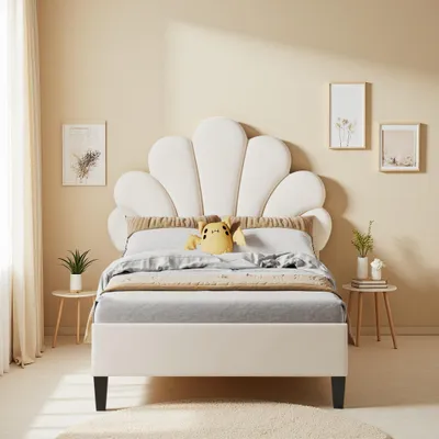Immagine prodotto di Letto imbottito per bambini INONEFT, 90x200 cm, letto singolo per bambine, struttura letto per adolescenti con testiera a forma di fiore e rete a doghe, tessuto velluto, colore beige