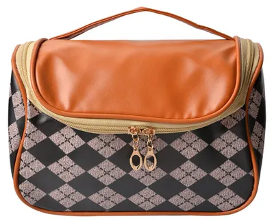 Image de Sac de toilette en polyuréthane, motif losanges, 22x13x14 cm, noir et beige, marque Juleeze, modèle JZTB0055