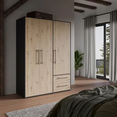 Obrázok produktu pre Šatníková skriňa - Imitácia dub Artisan / čierna - 3 dvere - D144,4 x D58,8 x V200cm - MOKKARIS