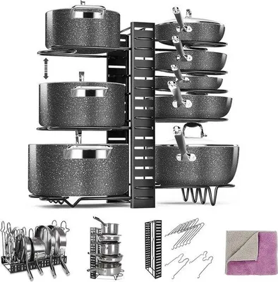Image de Étagère à ustensiles de cuisine, support à 8 niveaux pour ensemble de placards, 1 chiffon de nettoyage.