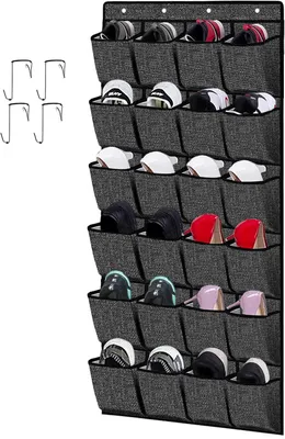 Image de Sac de rangement suspendu, sac à chaussures à 24 compartiments, à accrocher à une porte, étagère à chaussures, organiseur de chaussures, lin noir, XAODSB1P
