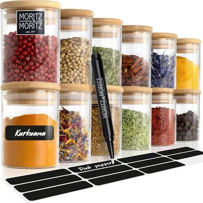 Produktbild von Famanu Gewürzgläser mit Aufklebern - 12-teilig - 125 ml - Glasbehälter - Tafelschildchen - Kreidestift - Luftdicht - Bambusdeckel