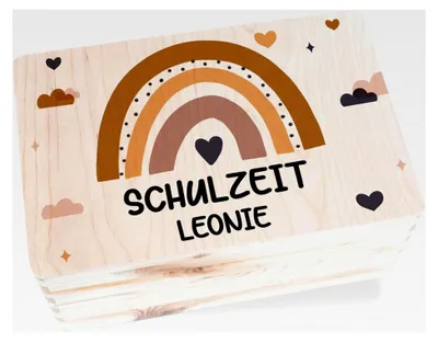 Produktbild von Holzkiste - Erinnerungsbox aus der Schulzeit | Geschenk zur Einschulung | 30 x 20 x 14 - Holz - personalisierte Aufbewahrungsbox