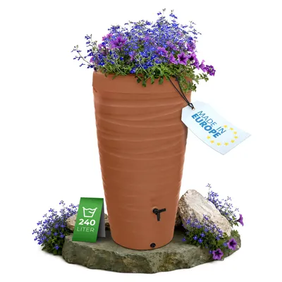 Produktbild von YourCasa Regentonne 240 Liter [Wave Design] Regenfass Frostsicher aus Kunststoff - Regenwassertonne mit Wasserhahn Bepflanzbar