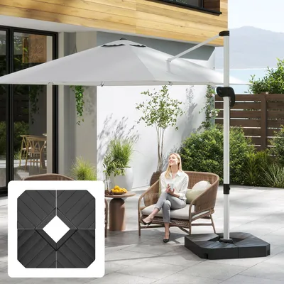 Produktbild von Beschwerungsplatten Sonnenschirm 4er-Set befüllbar, Schirmgewichte Holzoptik Kunststoff, Schwarz | 80x80x13 cm | bis 80 kg Sand | Kreuzfuß