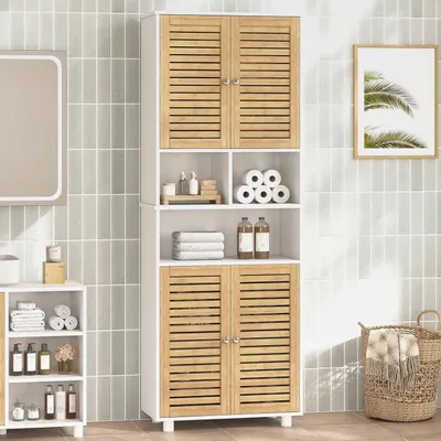 Produktbild von Badezimmerschrank hoch, Badezimmer Hochschrank mit 3 offenen Fächern und verstellbaren Ablagen, Badschrank mit 4 Bambustüren, Bad hochschrank für Wohnzimmer, Küche und Bad, 60 x 30 x 170 cm