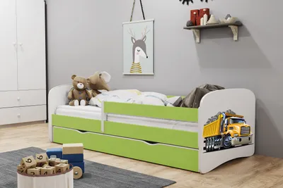 Produktbild von Kinderbett Jugendbett 70x140 cm Grün mit Matratze Rausfallschutz Schublade und Lattenrost Kinderbetten für Mädchen und Junge - Truck