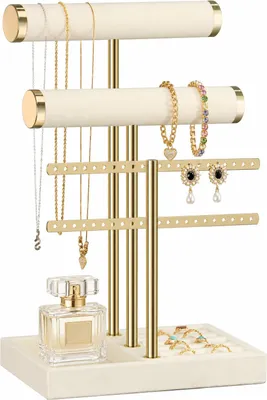 Image de Organisateur à bijoux beige avec 3 niveaux - Présentoir à bijoux pour bracelets, colliers, bagues et montres