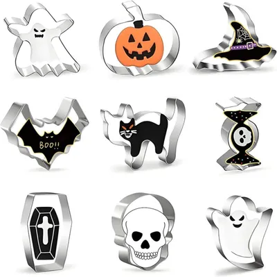 Image de Emporte-pièces Halloween, ensemble de 9 pièces, en acier inoxydable, réutilisables, pour réaliser des biscuits d'Halloween