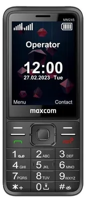 A close-up front view of a Maxcom MM245 mobile phone displaying the time and date on its screen.
