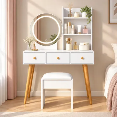 Produktbild von Schminktisch mit Hocker, LED-Spiegel, Steckdosenleiste & Föhnhalter – 3 Lichtfarben dimmbar, MDF Weiß, 90 x 40 x 135 cm