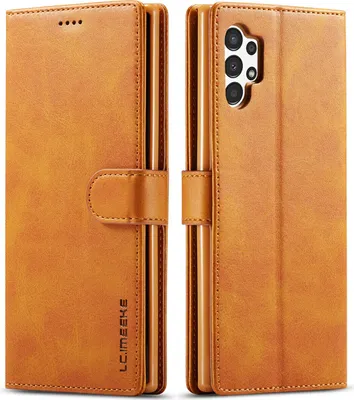 A brown leather phone case is shown open, displaying the inside and the camera cutout on the back.