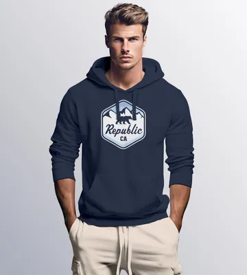 Produktbild von Hoodie Herren Republic California Bär Berge Wappen Print Aufdruck Kapuzen-Pullover Männer Fashion Streetstyle Neverless® navy M