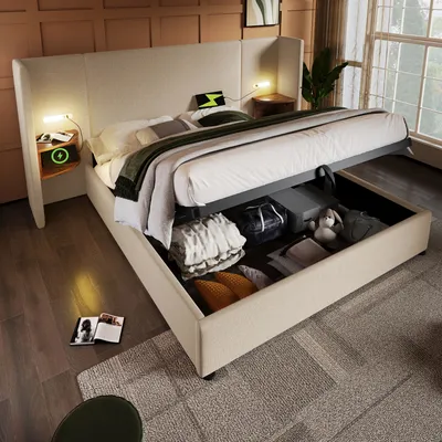 A bedroom scene featuring a large bed with storage, bedside tables with lamps, and a window.