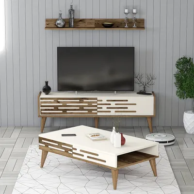 Produktbild von Skye Decor, Valensiya 140 - Walnut, Cream, Wohnzimmermöbel-Set, Nussbaum, 100 % MELAMINBESCHICHTETE SPANPLATTEN, 140 x 45 x 35 cm