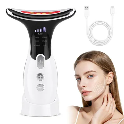 Produktbild von Hals‑Schönheitsgerät, 7‑Farben LED Gesicht Hals Massagegerät mit Warm‑Kalt‑Funktion, USB‑aufladbares Hautpflegegerät für Zuhause