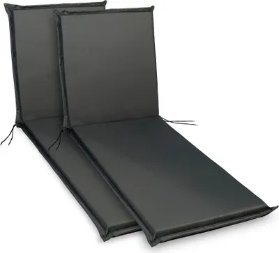Two dark gray chaise lounge cushions are shown side-by-side on a white background.