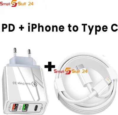 A white wall charger and a white charging cable are shown together with a plus sign in between them.
