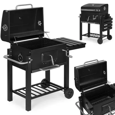 Image de Barbecue à charbon de bois, grand modèle pour l'extérieur, avec couvercle, thermomètre, étagères et roues. Soufflerie incluse