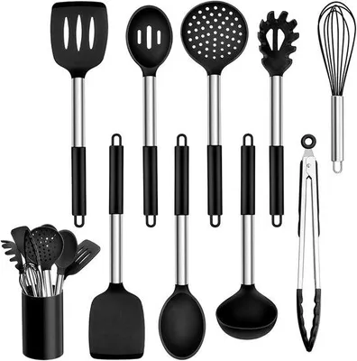 Image de Ensemble de 10 ustensiles de cuisine Unyqoos® – ustensiles de cuisson en silicone noir avec manche en acier inoxydable, résistants à la chaleur jusqu'à 230 °C, antiadhésifs, lavables au lave-vaisselle, comprenant un support pour ustensiles