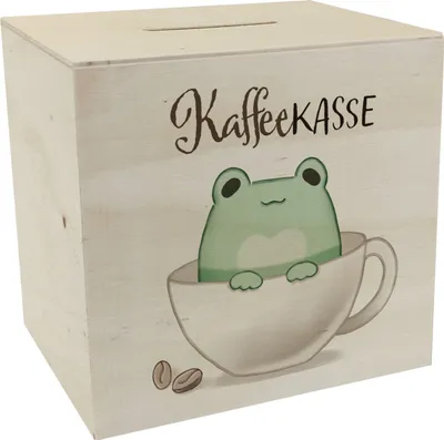 Produktbild von Frosch Spardose aus Holz mit Spruch Kaffeekasse