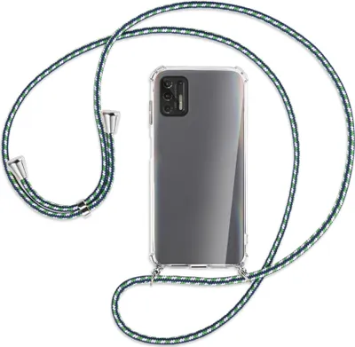 Produktbild von Handykette Backcover-Schutzhülle mit Band (Metall silberfarben) für Motorola Moto G Pro 2021 - grün/blau/weiß