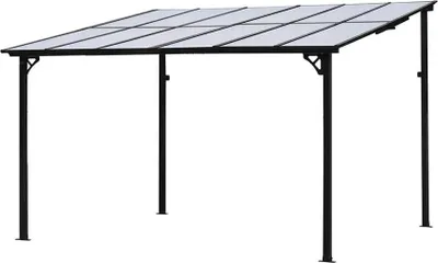 A freestanding patio canopy with a clear, segmented roof and dark metal frame, shown against a white background.