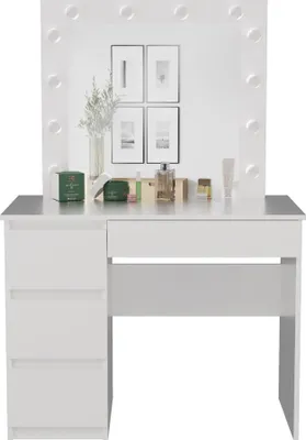 A white vanity table with a mirror and various cosmetic products on top.