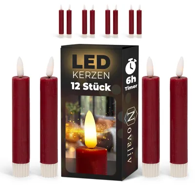 Produktbild von Stabkerzen LED mit Timer ROT 12 Stück indoor 6 Stunden ECHTWACHS 15cm Höhe für Kerzen 2,2cm Durchmesser 2 AAA Batterien notwendig LED Stabkerzen 4er Set 3x bewegliche Flamme Licht