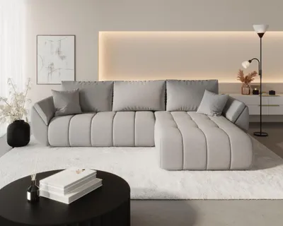 Produktbild von Ecksofa Schlafsofa MISATO Stoff Wind Hellgrau Ottomane Rechts