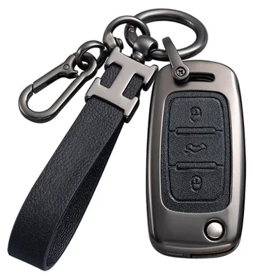 Zdjęcie produktu dla Etui na kluczyk samochodowy w kolorze czarnym, kompatybilne z VW Volkswagen Polo, Golf 4/5/6, Multivan T5, Caddy, Jetta, Bora, Superb, Passat, Skoda Fabia, Seat Ibiza. Etui z obudową z cynkowego stopu, z trzema przyciskami, odwracalna ochrona kluczyka