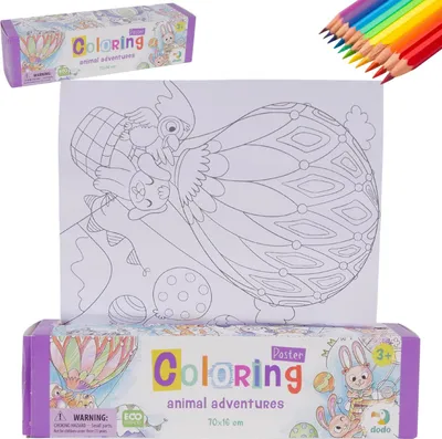 A collage showing a coloring poster with pencils and packaging.