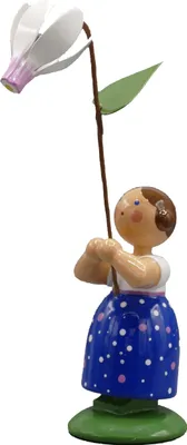 Produktbild von Blumenmädchen mit weißem Alpenveilchen aus Holz Höhe 12cm NEU