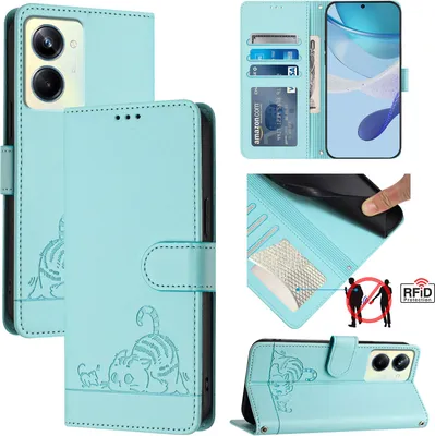 Produktbild von Leder Hülle für Realme 10 Pro 5G Süße Katze Flip Case Brieftasche Schutzhülle mit Standfunktion hellgrün