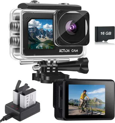 Productafbeelding van Actiecamera FHD 1080P - Dual-screen onderwatercamera - 16 GB geheugenkaart