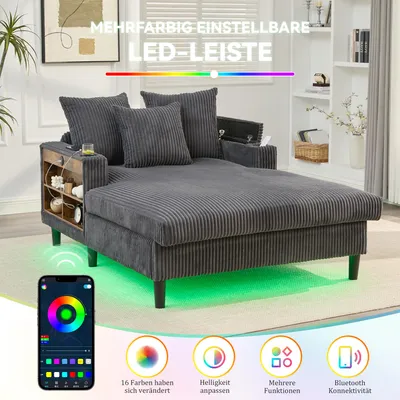 Produktbild von okwish Schlafsofa Cord-Liegesessel mit LED und Getränkehalter, 1-Sitzer-Sofa mit USB und Stauraum, Wohnzimmersofa in Dunkelgrau