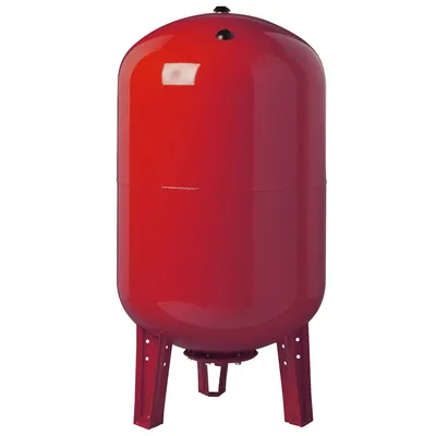 A red expansion vessel for a heating system, standing on its legs against a white background.